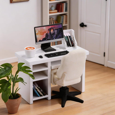 1:12 Set 14pcs DIYDEC Scale Miniatures Office Desk Dollhouse Office Including Mini Computers Desks Office Chair