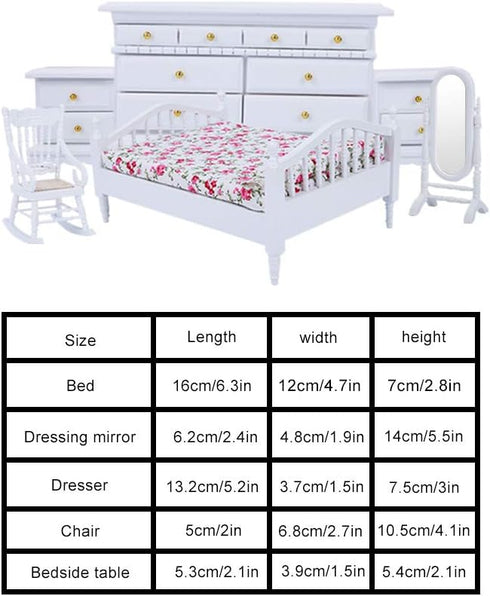 Dolls House Furniture Mini Wooden Queen Bed 6pcs, Miniature Dollhouse Bed 1:12 Cabinet for Doll