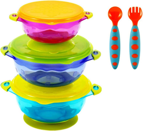 PandaEar Stay Put Spill Proof Stackable Baby Suction Bowls, 3 Sizes for Toddlers with Silicone Feeding Utensils and