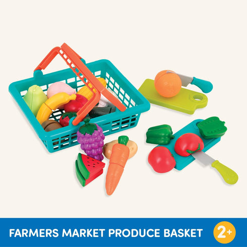 Battat Play Food for Toddlers, Farmers Market Basket and Chopping Board, Toy Food for Kids (37 Pcs)