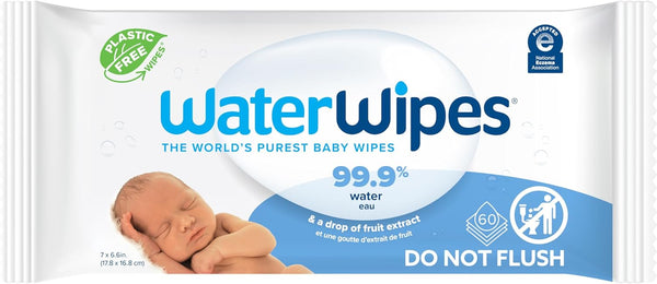 WaterWipes Original 99.9% Water Based Wipes, Plastic-Free, Unscented & Hypoallergenic for Sensitive Skin, 60 Count