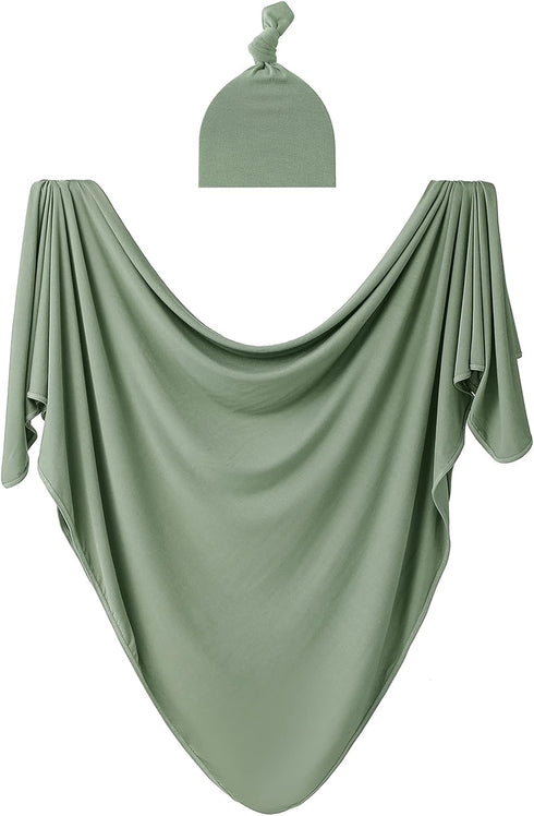 Large Rayon Jersey Knitted Swaddle Blanket for Baby, Soft Stretchy Receiving Blanket with Hat, 47 x 47 inches (Sage)