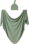 Large Rayon Jersey Knitted Swaddle Blanket for Baby, Soft Stretchy Receiving Blanket with Hat, 47 x 47 inches (Sage)