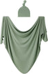 Large Rayon Jersey Knitted Swaddle Blanket for Baby, Soft Stretchy Receiving Blanket with Hat, 47 x 47 inches (Sage)