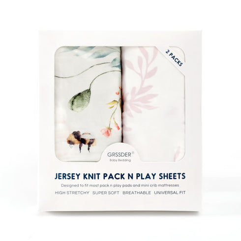 Fitted Pack n Play Sheets Set, 2 Pack, Stretchy Ultra Soft Jersey Knit for Girls, Safe and Snug