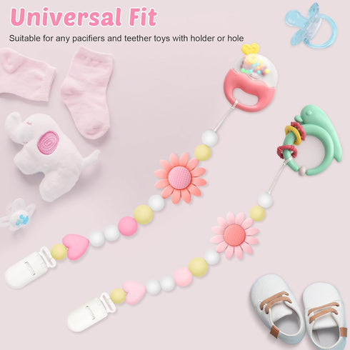 LSTRAGY 2 Pack Silicone Pacifier Clip, Pacifier Holder for Boys and Girls, Adorable Sunflower Pacifier Strap Fits