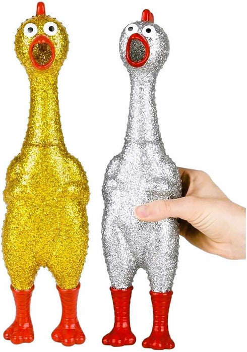 13.5" (4 Pack 2 2 Large Sparkle Glitter Rubber Squeeze Chicken with a Long Funny Squeaky Sound (Gold - Silver) Glitter
