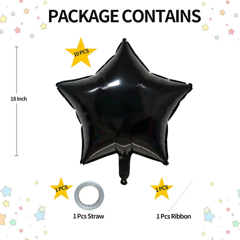 KALOR 18 Inch Black Star Mylar Balloons, 10 Pcs Star Shape Foil Helium Balloons for Wedding, Baby Shower, Birthday