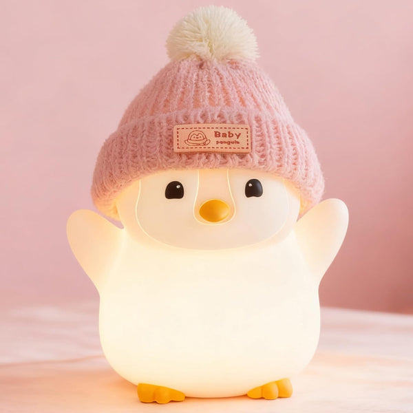 FAMIDUO Penguin Night Light, Cute Pink Penguin Lamp with Knit Hat, Soft