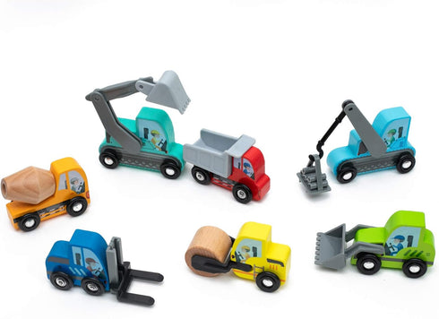 umu Construction Toy Cars 7 PCS Wooden Mini Vehicles for Toddlers, Compatible with Thomas Train Toys, Ages 3-5