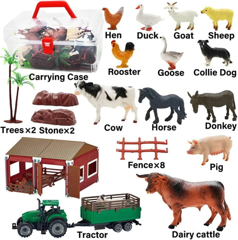 BOLZRA Mini Barn Farm Toys Playset, 66PCS Plastic Animals Figurines and Fence Farm Playset, Farm Figures Farmer Vehicle Toy Truck with Trailer for 3-12 Years Old Kids Boys Girls Toddlers