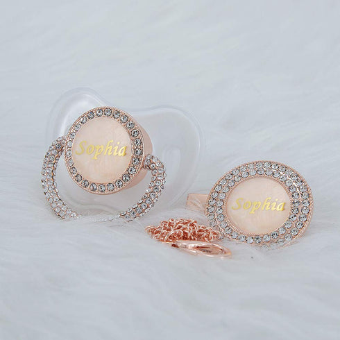 Set Personalized Name Anniversary All Bling Pacifier and Clip Rosa Gold Plated New Born Gift Photography No for Daily