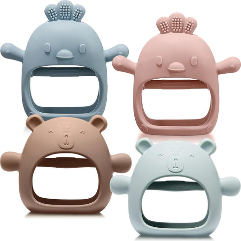 Woanger 4 Pcs Baby Teething Toys Bear Hand Teethers for Babies Over 6 Months, Anti Dropping Wrist Mitten (Blue, Green,