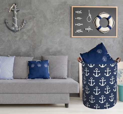 Kids Hamper, Collapsible Waterproof Laundry Baskets with Leather Handle, Nautical Decor, Toy Organizer (Navy Blue