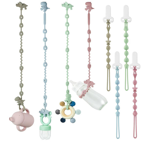 PandaEar 8 Pack Baby Toy Straps & Silicone Pacifier Clips, Dinosaur Teether Harness for Baby Boys & Girls