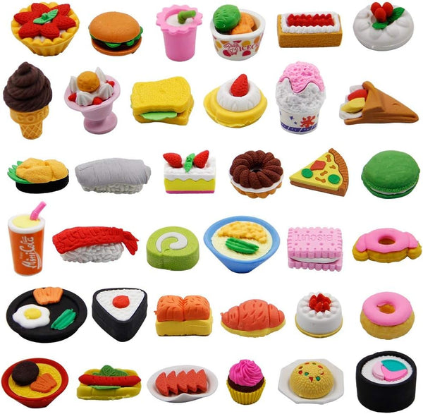 72 Pcs Assorted Food Pencil Erasers Toy Set, Cake Dessert Fruit Puzzle Toys for Kids Reward Party Favors