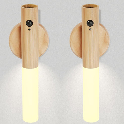 LANDGOO 2-Pack Magnetic Night Light with Motion Sensor, Ash Wood Cylindrical Rechargeable