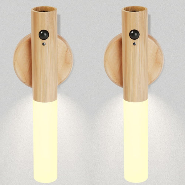 LANDGOO 2-Pack Magnetic Night Light with Motion Sensor, Ash Wood Cylindrical Rechargeable