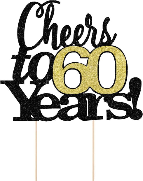 LVEUD Black Font Golden Numbers Cheers to 60 Years Happy Birthday Cake Topper - Wedding, Anniversary, Birthday