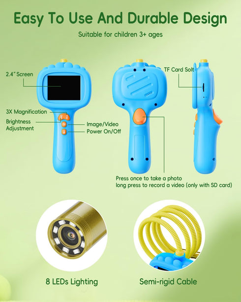 5 4,5,6,7,8,9,10(Blue) Borescope Snake Camera with Light for Kids, Outdoor Educational STEM Toys, Science Gifts