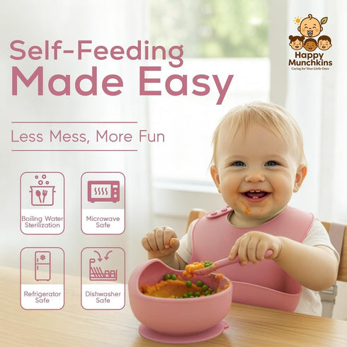 Happy Munchkins Set 9 Essentials-6+ Silicone Baby Feeding | PCS Baby Led Weaning Supplies Feeding Utensils | Divided