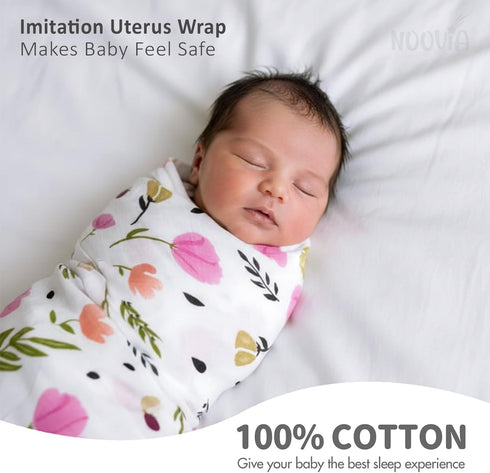 NOOVIA 2-Pack 43x47in, Baby Swaddle Blankets, Cotton Muslin, Extra Large Floral Pattern & Solid Pink, Soft Newborn
