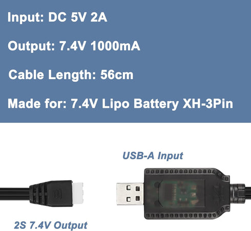 MEIRIYFA 7.4V 1A Lipo Battery USB Charger Cable, XH-3P 2S USB Connector Plug with LED Indicator Light for RC Car Rock
