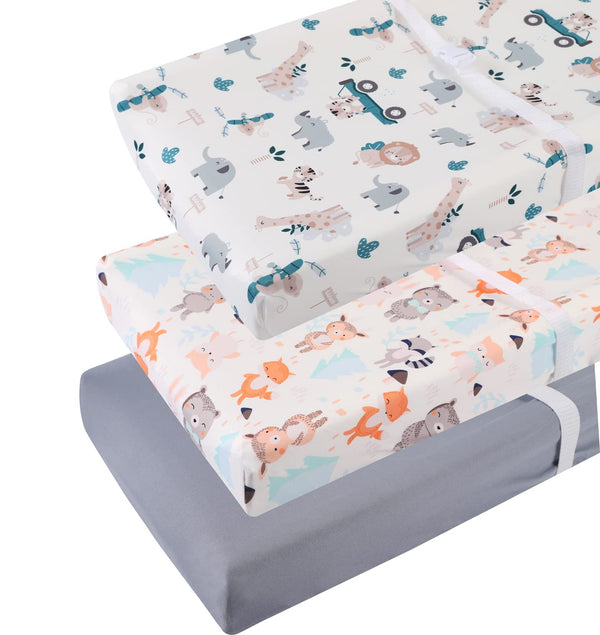 Changing Pad Cover Set, 3 Pack Jersey Knit Ultra Soft for Baby Boys Girls, Elephant, Tiger/Fox/Grey