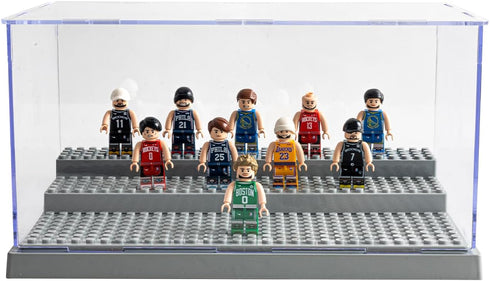 Minifigure Display Case for Action Figures, Dustproof Acrylic Storage Box with 3 Movable Steps for Collection