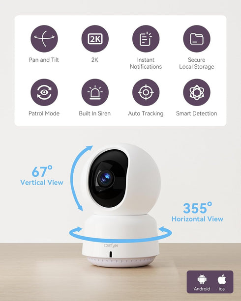 Comfyer 2K 2-Way Baby/Pet Monitor for Indoor Security, Monitoring with Smart Phone app, QHD Resolution, Auto