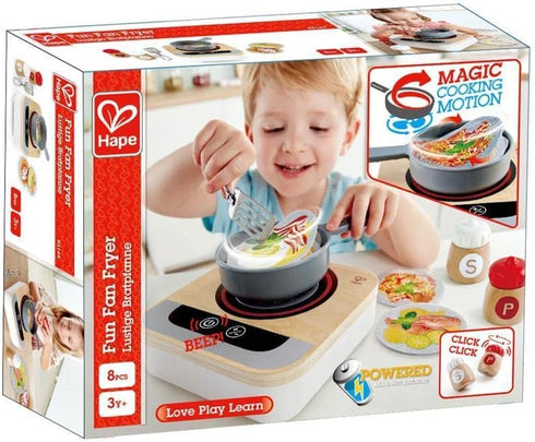 Playset Hape Fun Fan Fryer | Wooden Tabletop Stove with Fan, Kitchen for Preschoolers, Includes Salt and Pepper