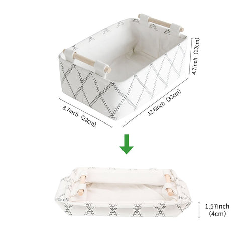 Decorative Rectangular Fabric Storage Bin Organizer Basket with Wooden Handles for Clothes, 12.6x8.7x4.7 inch, White