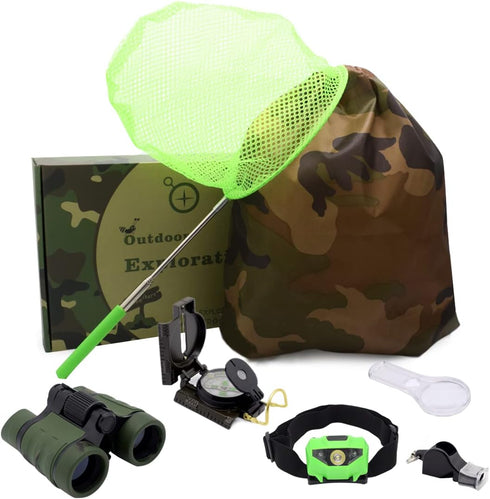 Kids Outdoor Adventure Set, Educational Toys with Binoculars, LED Headlamp, Compass, and Backpack for Boys