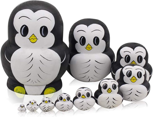 Moonmo 10pcs Animal Pattern Wooden Nesting Toys - Russian Nesting Dolls Matryoshka Stacking Dolls (Penguin)