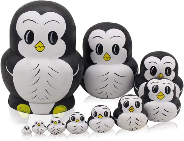 Moonmo 10pcs Animal Pattern Wooden Nesting Toys - Russian Nesting Dolls Matryoshka Stacking Dolls (Penguin)