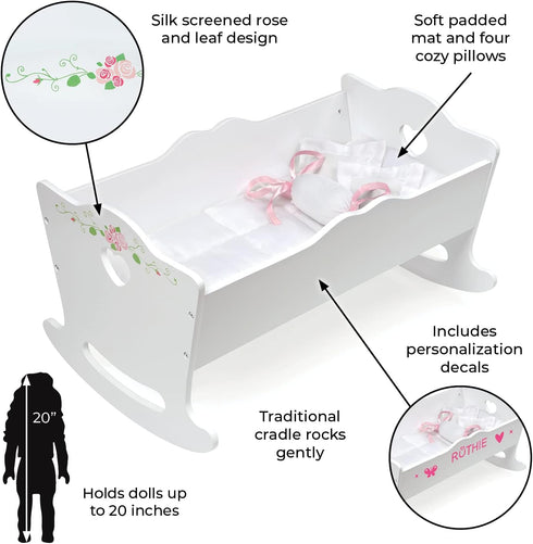 Badger Basket Toy Rocking Doll Bed with White Bedding and Personalization Kit for 20 inch Dolls - White Rose