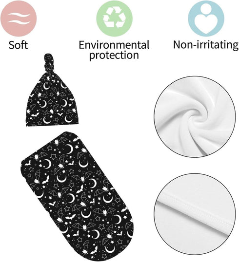 Goth Baby Stuff, Newborn Swaddle Blanket with Beanie Hat Set, Black Baby Receiving Blanket for Boys and Girls
