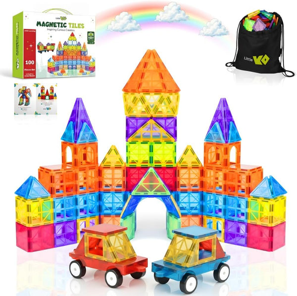 Magnetic Tiles 100 pcs with 2 Cars, STEM Building Blocks for Kids,
