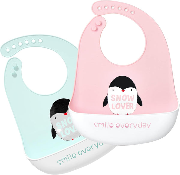 Silicone Bibs for Babies and Toddlers – 2 Sets of Adjustable Soft Waterproof Feeding Bibs for Boys and Girls