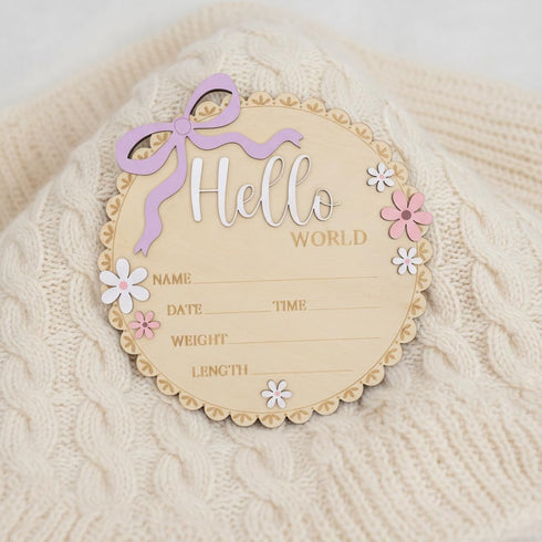 TTMerriwood Hello World Wooden Baby Birth Announcement Sign, Pink Floral Newborn Name Date Time Weight Length Board