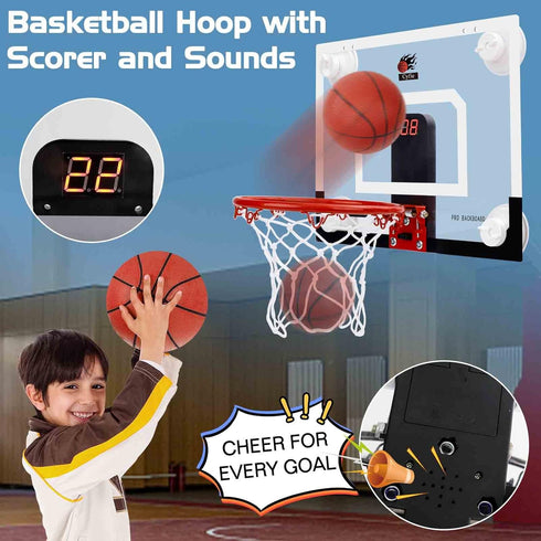 CYFIE Indoor Mini Basketball Hoop, Suction Cup Set with Scoreboard, Sound, 3 Balls for Kids Gifts