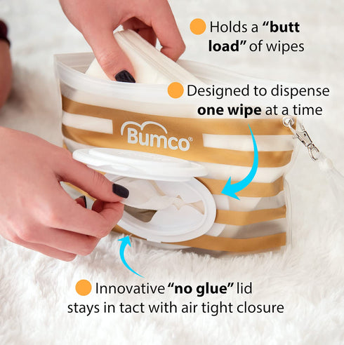 BUMCO Airtight Wipes Dispenser, Keeps Wet, Reusable Refillable Pouch, Diaper Bag Organizer for Travel, Carrying Clutch