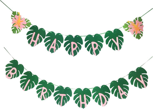 OU RUI Hawaiian Party Happy Birthday Banner, Tropical Luau Party Palm Leaf Decorations