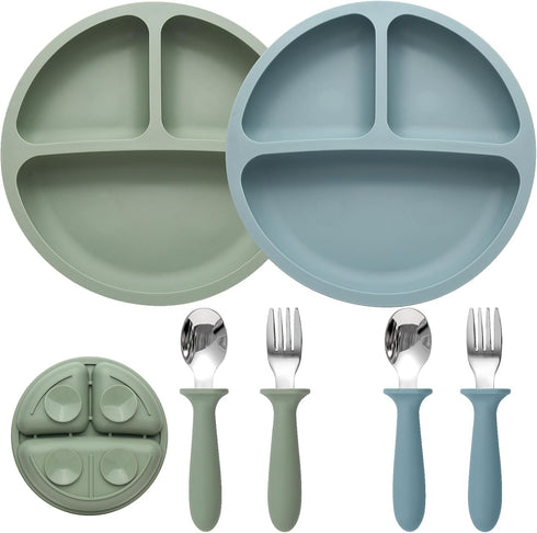 Baby Feeding Set, 2 Pack Silicone Suction Plates, 2 Pack Spoons and Forks, BPA Free, Baby Led Weaning Supplies