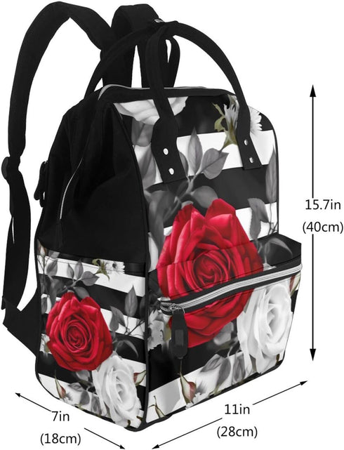 KLOPH Backpack Mommy Pack Diaper Bag Black White Stripes Red Rose Flowers Bag Multifunction Travel Maternity Baby