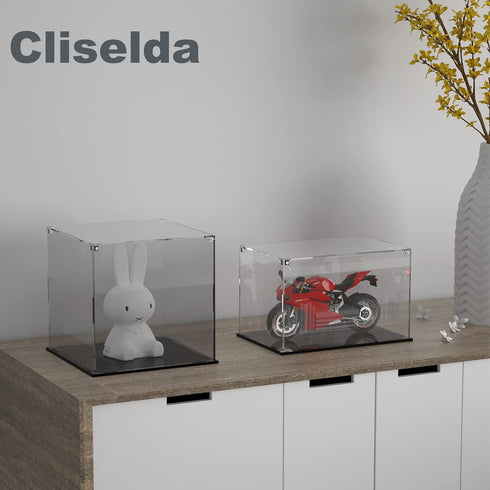 10x10x10 inch, Countertop Cliselda Clear Acrylic Display Case with Black Base Sturdy Acrylic Display Box Box, Assemble