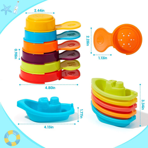 Bath Toys Rainbow Floating Boats with Bathing Spoon, 11 Pcs Water Table Toys for Toddlers 1-3/Infants 6-12-18 Months