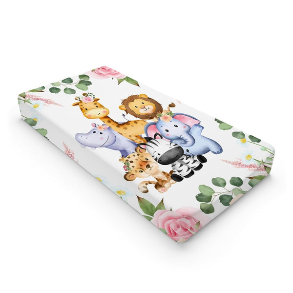 Jungle Safari Animals Changing Pad Cover with Tropical Leaves, Lion, Elephant, Zebra, Giraffe, Hippo, 32''x16''