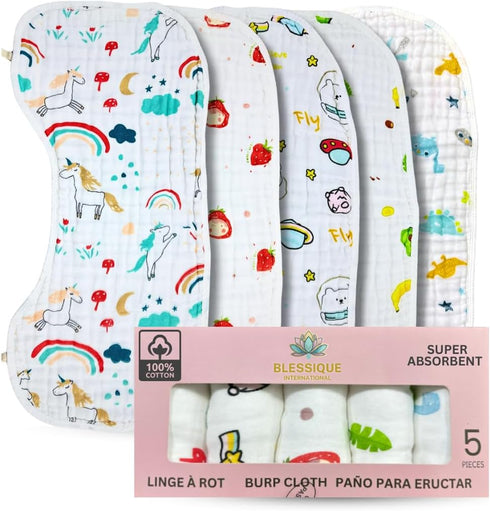 BLESSIQUE INTERNATIONAL Blessique Baby Burp Cloths 5 Pieces 100% Cotton Muslin Soft Absorbent Burping