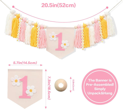 1st First Birthday High Chair Banner Decorations for Girl,Daisy First Crown Hat,Baby Girl Birthday Decorations Tassel